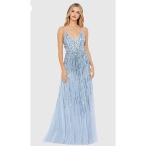 Mac Duggal Embellished V Neck Sleeveless Column Gown Blue